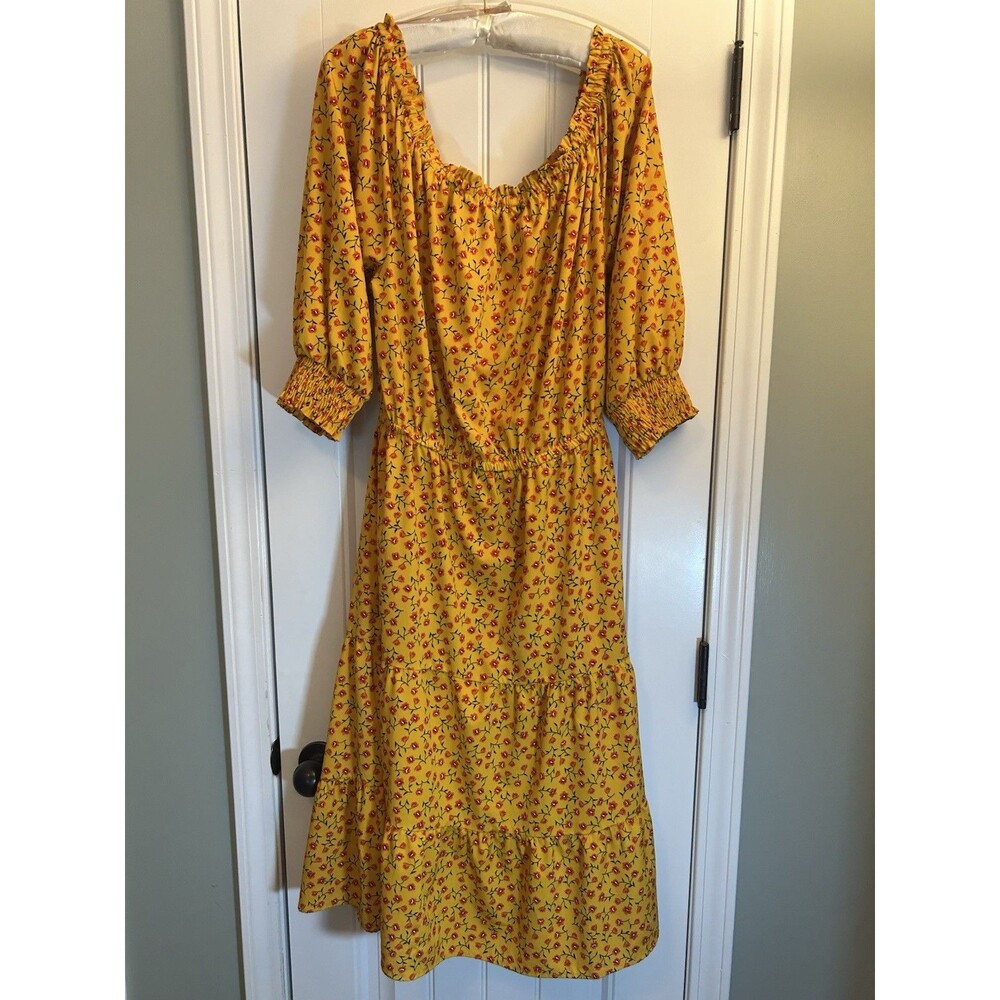 Indulge in Style 1X Yellow Floral Boho Midi Dress Smocked Cottagecore Chic - Picture 8 of 13